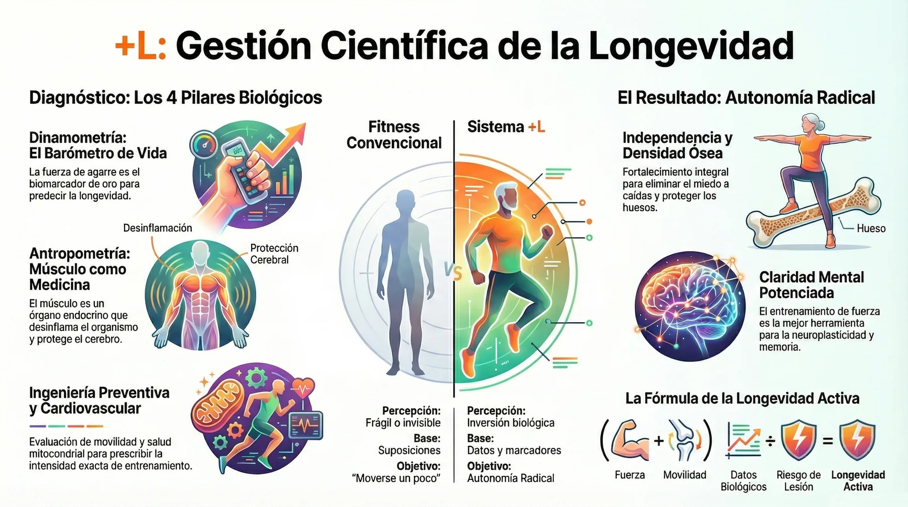 Infografía del Programa +L: los cuatro pilares biológicos (dinamometría, antropometría, movilidad y capacidad cardiovascular), comparación entre fitness convencional y sistema +L, y el resultado: autonomía radical